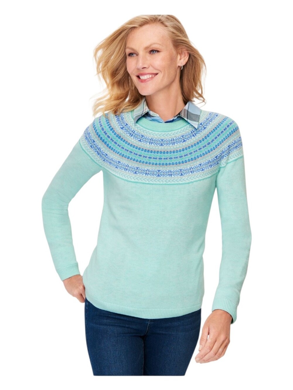 Talbots Womens Mint Green Lambs Wool Blend Fair Isle Yoke Sweater Medium P